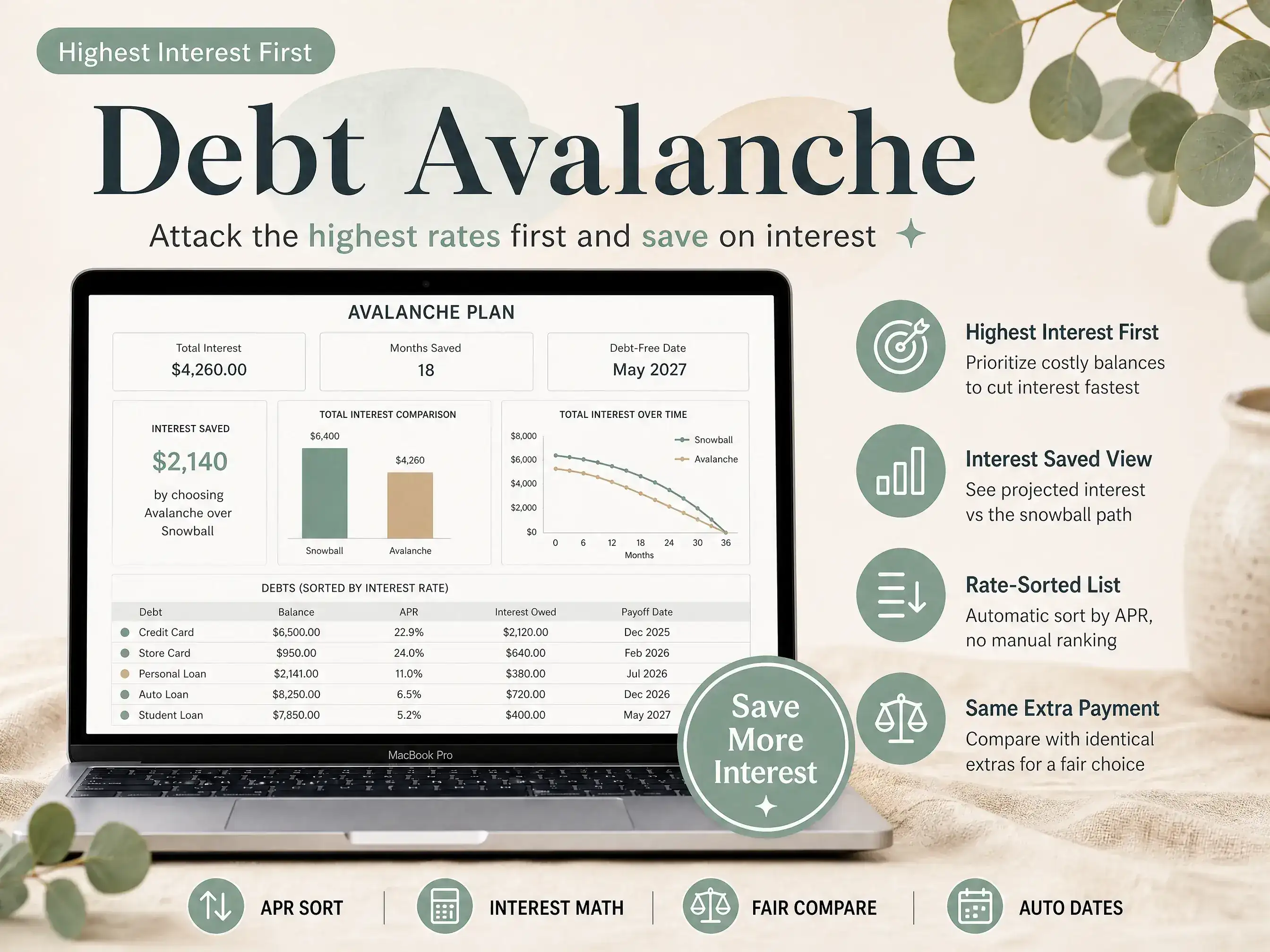 Debt avalanche view with card balances listed for a payoff plan (sample data)