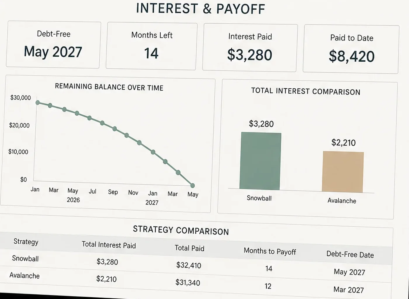 Interest and payoff view: total interest and the debt-free date for both payoff methods (sample data)