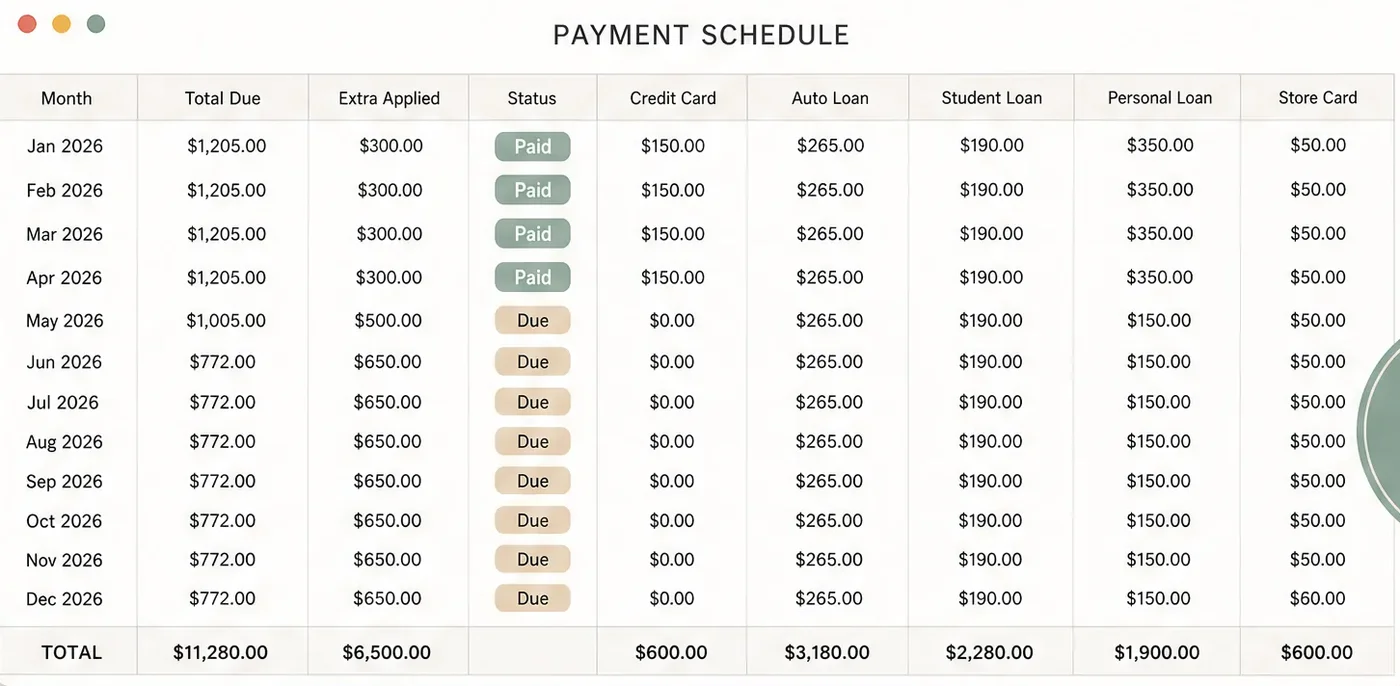 Payment schedule: one row per month with the total due, the extra applied, a paid or due status and each debt's payment (sample data)