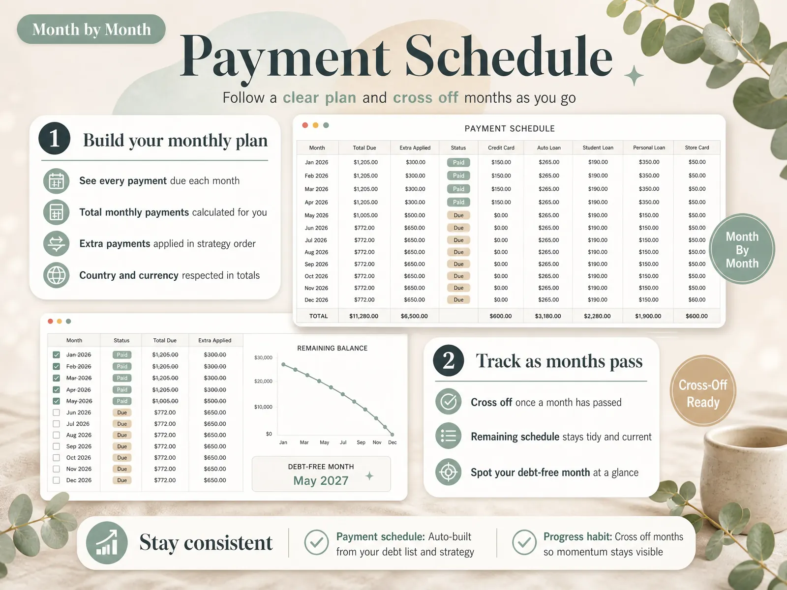 Payment schedule tab: monthly payments per debt with the extra applied in strategy order (sample data)