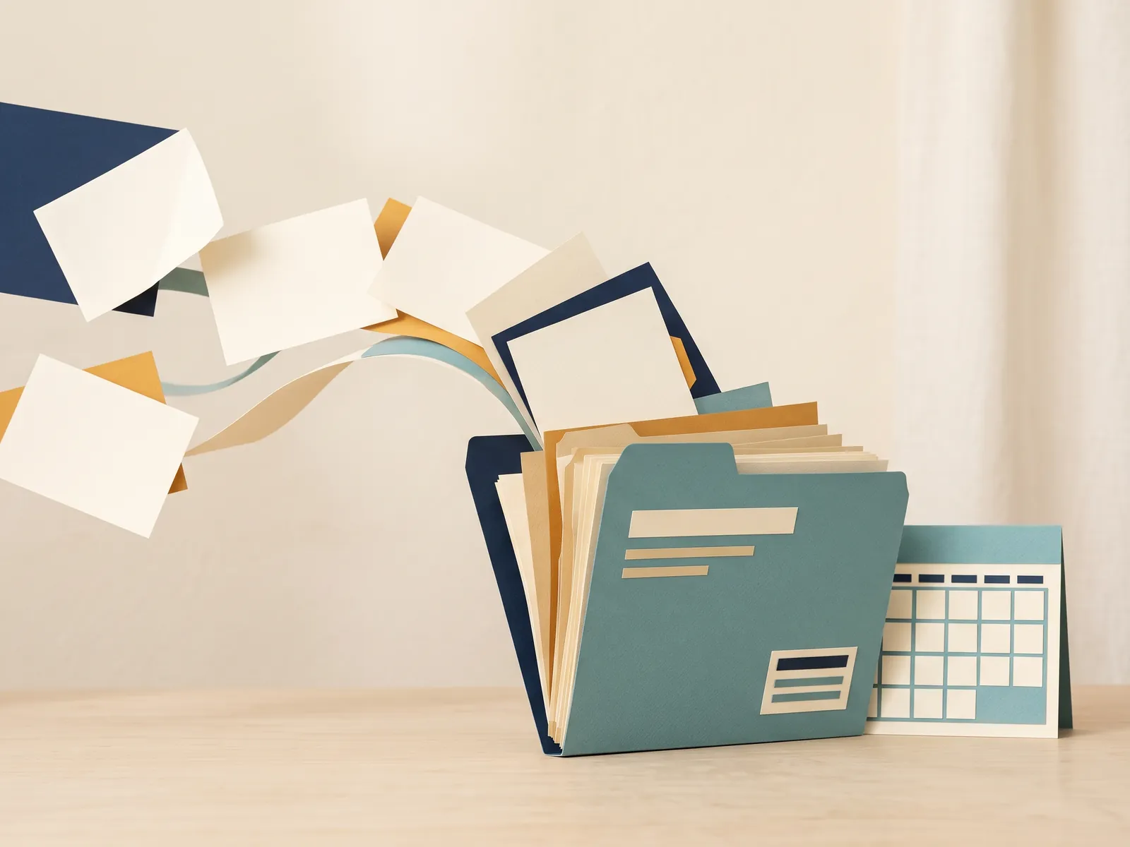 A debt consolidation illustration shows several balance sheets flowing into one new repayment folder beside a blank calendar