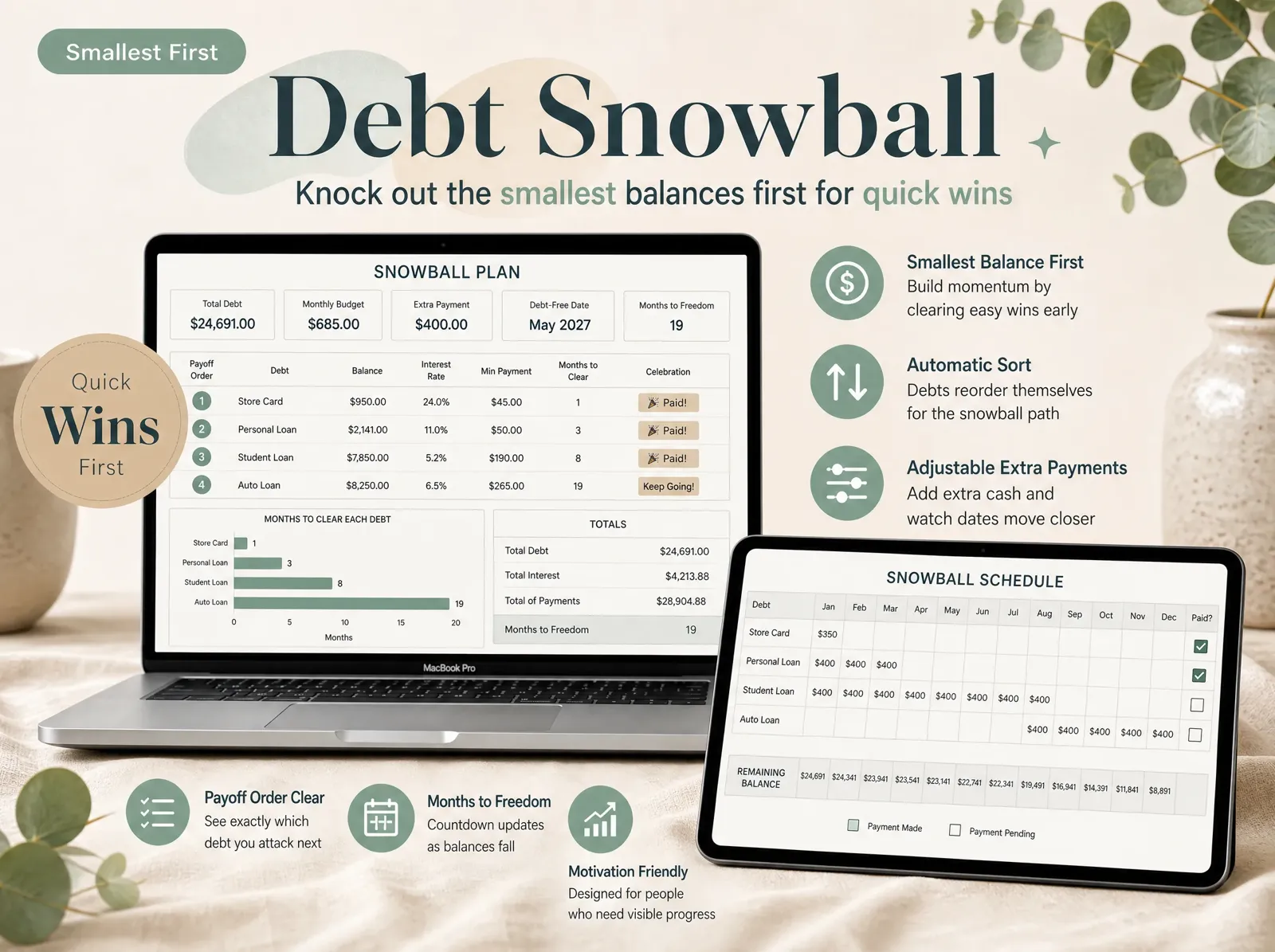 Debt snowball tab: debts sorted smallest balance first with months to clear each one (sample data)