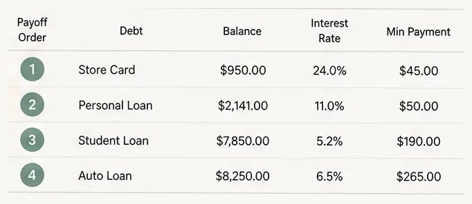 Snowball tab: four sample debts in payoff order, smallest balance first, with each debt's interest rate and minimum payment (sample data)
