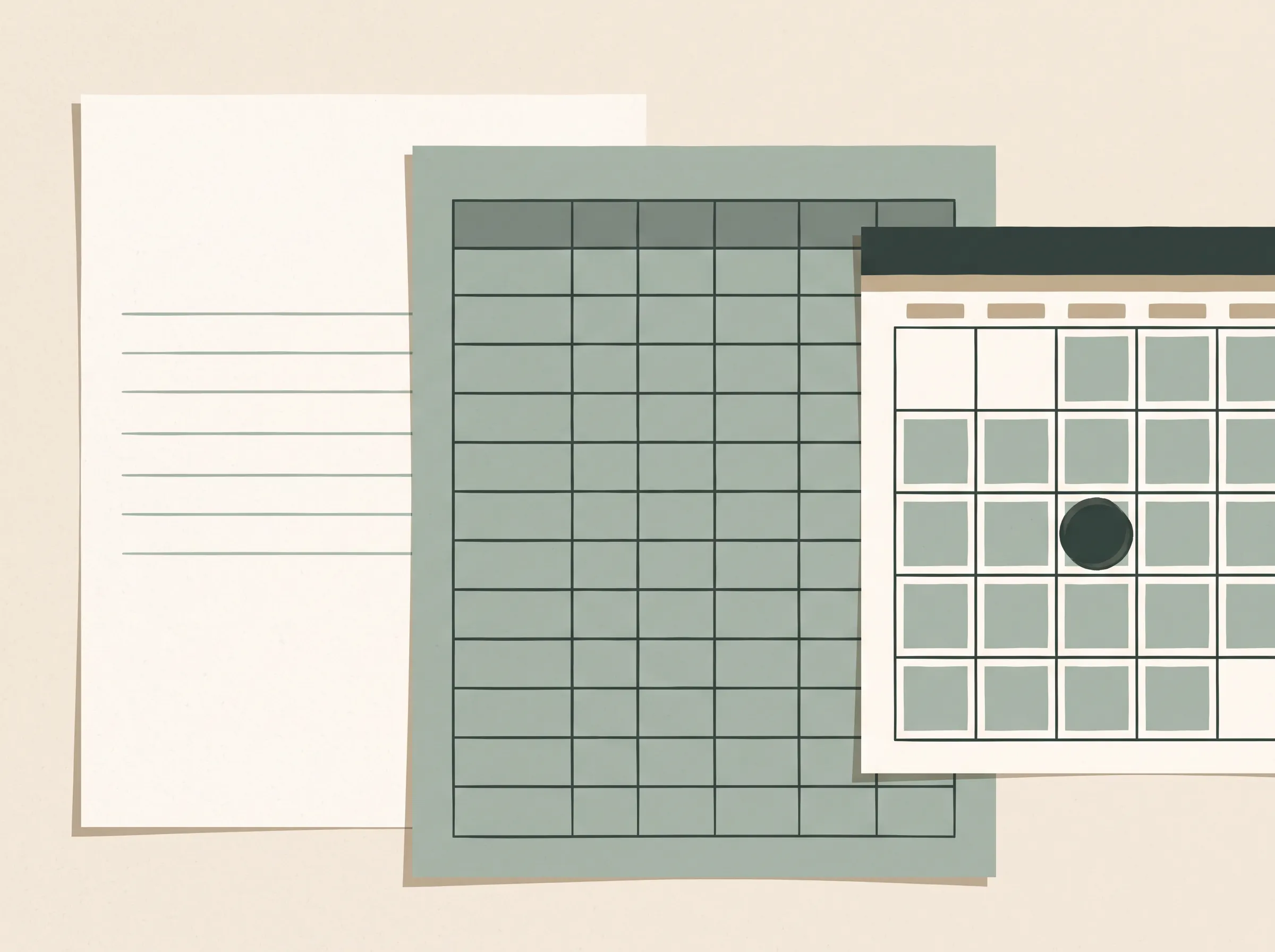Blank statement, worksheet grid and calendar mark for a monthly debt list review