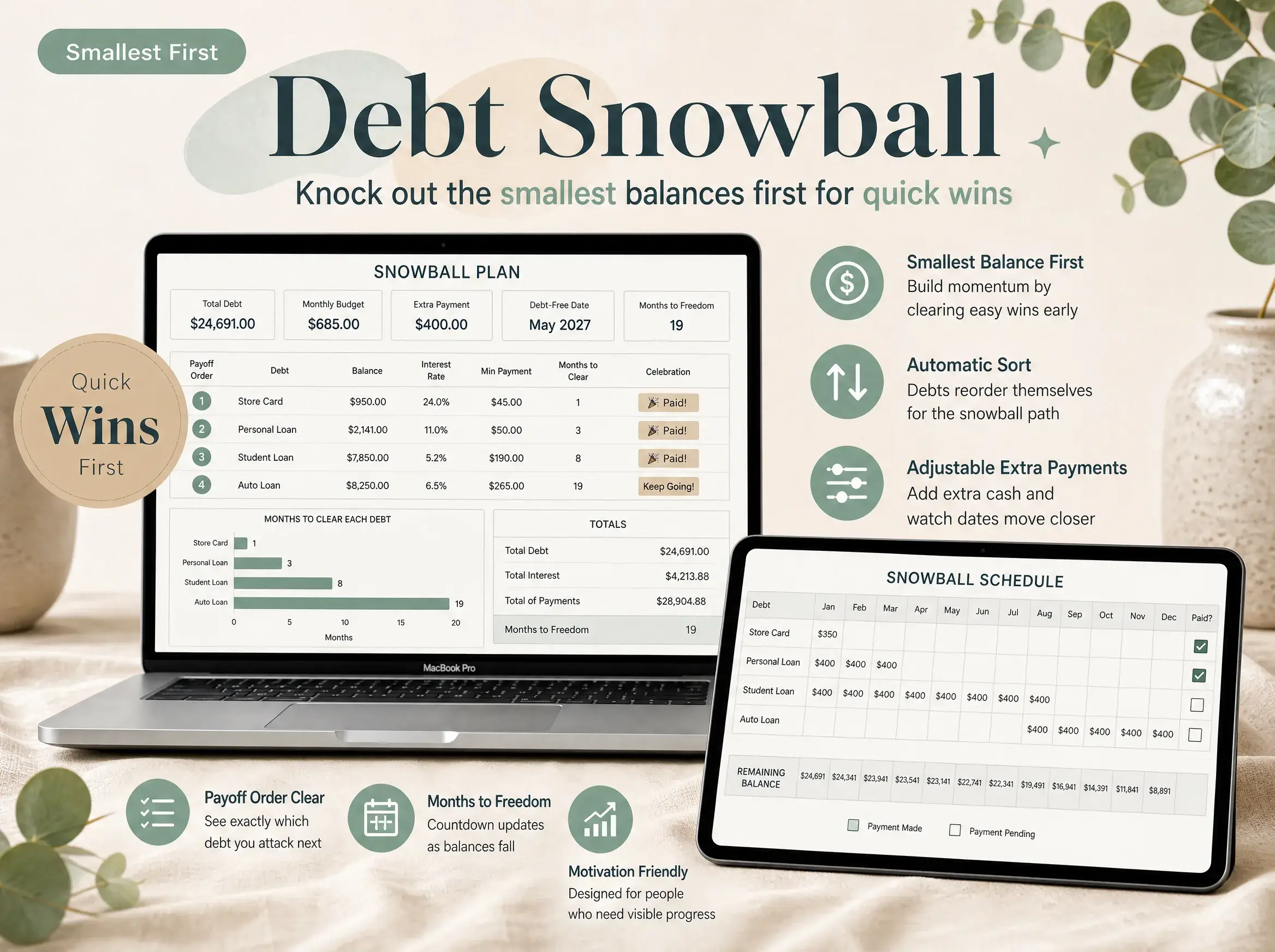 Debt snowball workbook preview with sample data, showing the smallest-first order and monthly schedule